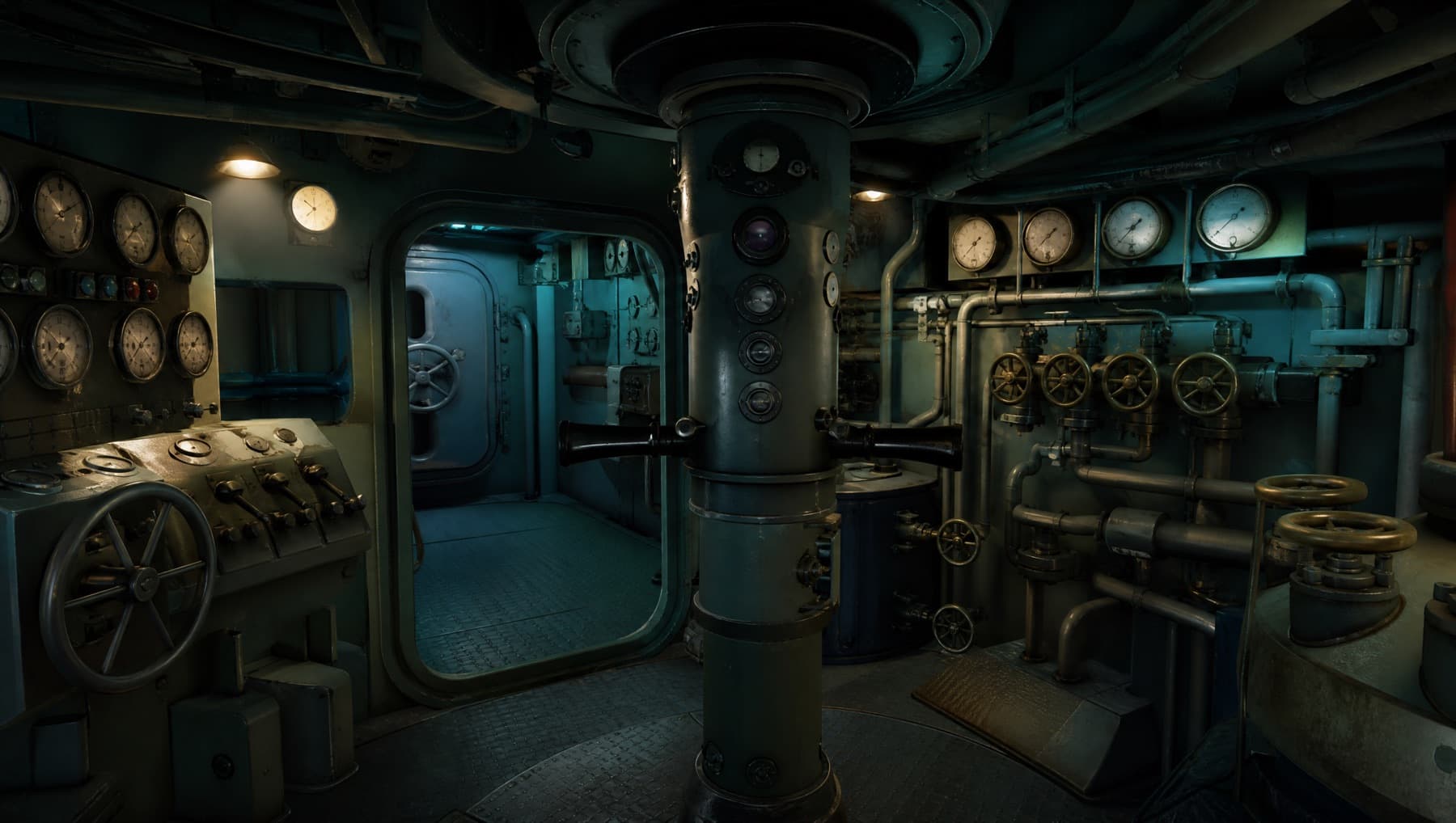 A submarine control room reconstructed as a simulation environment: gauges, valve manifolds, and a periscope column