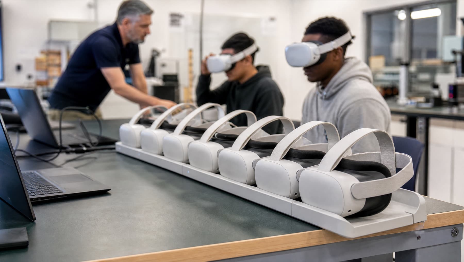 A charging rack of VR headsets in a workforce training lab with an instructor and two adult students