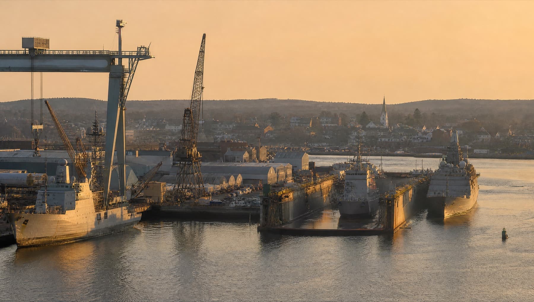 A New England working waterfront at golden hour with gantry cranes, a dry dock, and moored steel vessels