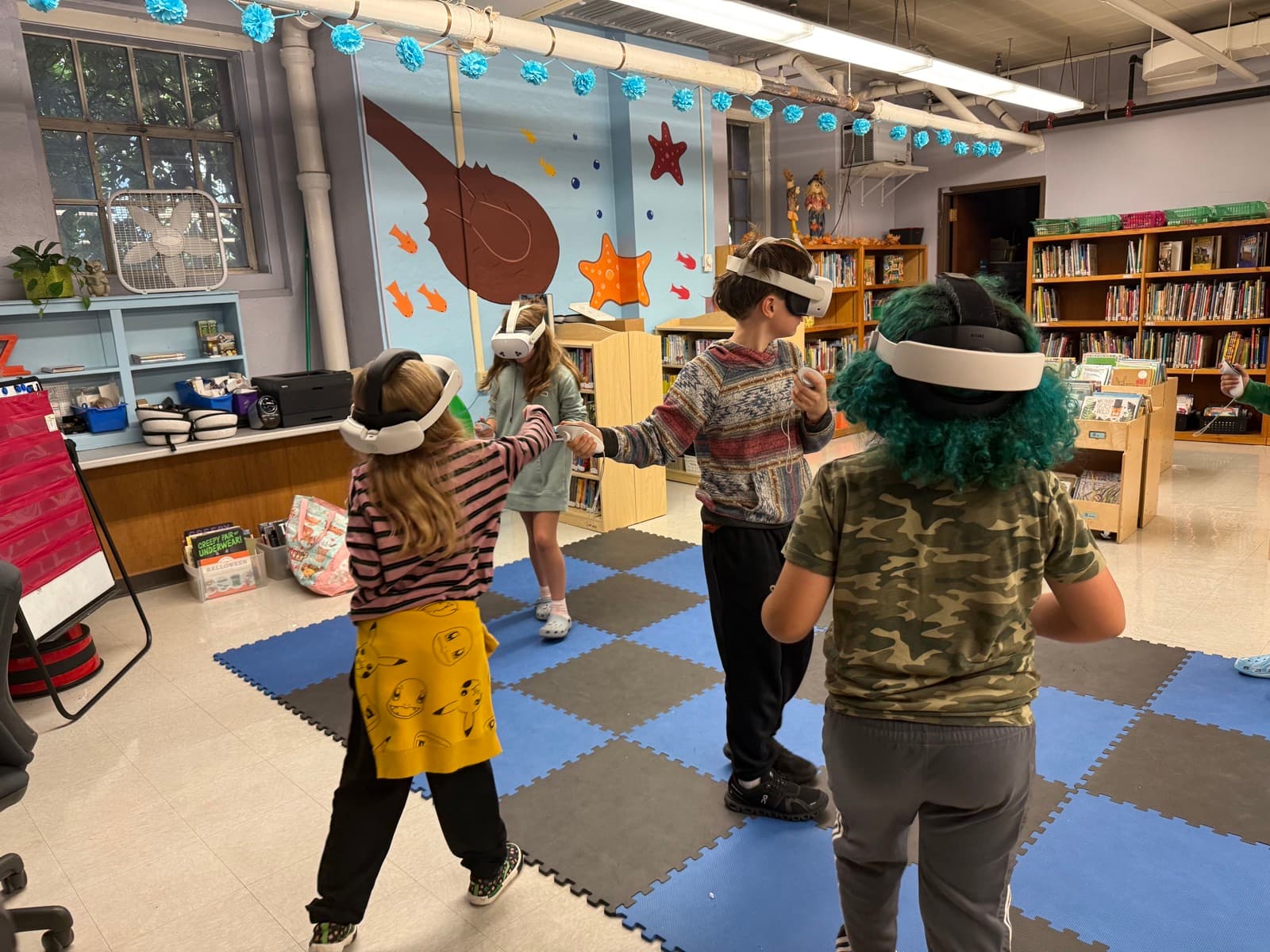 Students wearing VR headsets exploring careers in their classroom
